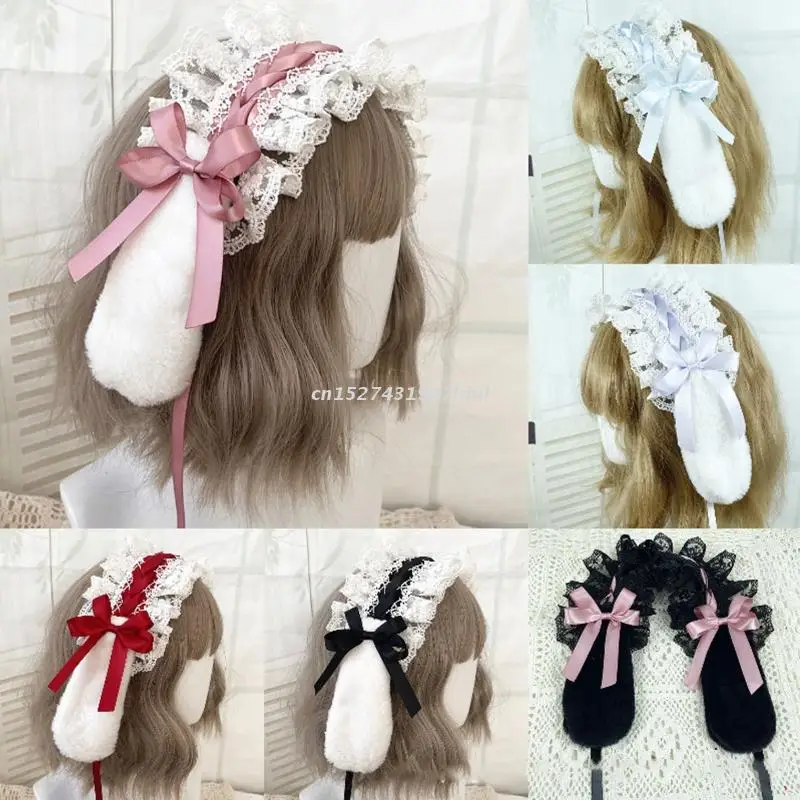 

Lolita Headwrap Ruffles Lace Headbands Ribbon Bows Headdress with Rabbit Ear Maid Headpiece Anime Cosplay Hair Accessory