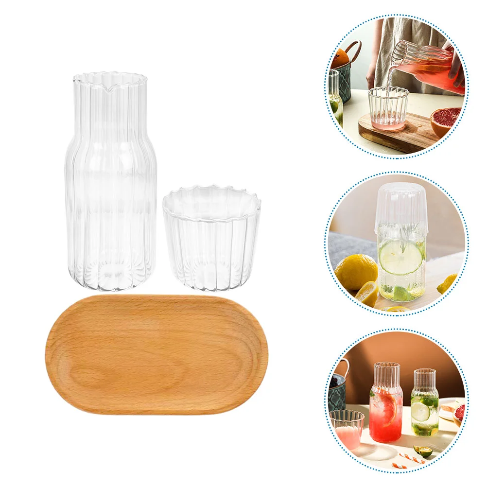 

1 Set of Household Water Carafe Transparent Glass Water Pitcher Bedside Water Bottle With Wood Tray