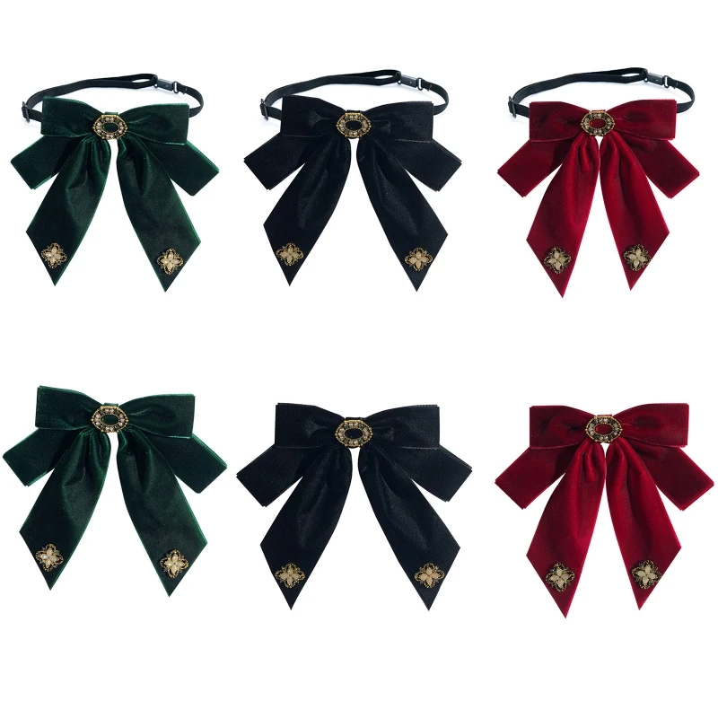 

Women Velvet Bow Tie Brooch Flower for rhinestone Double Layer Collar Pin Neckti