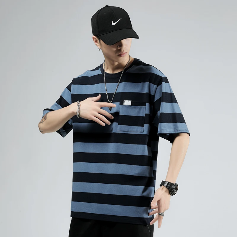 

Men's clothing Summer New striped oversized t short vintage fashion street hip hop loose round neck cotton MAN T-SHIRT TOP