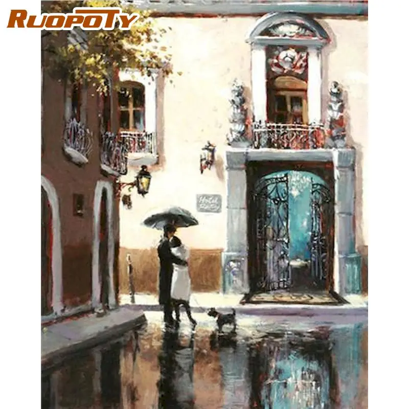 

RUOPOTY Oil Picture By Numbers Kits Lovers With Umbrella Scenery Painting By Number 40x50cm Framed Home Decor Acrylic Paints