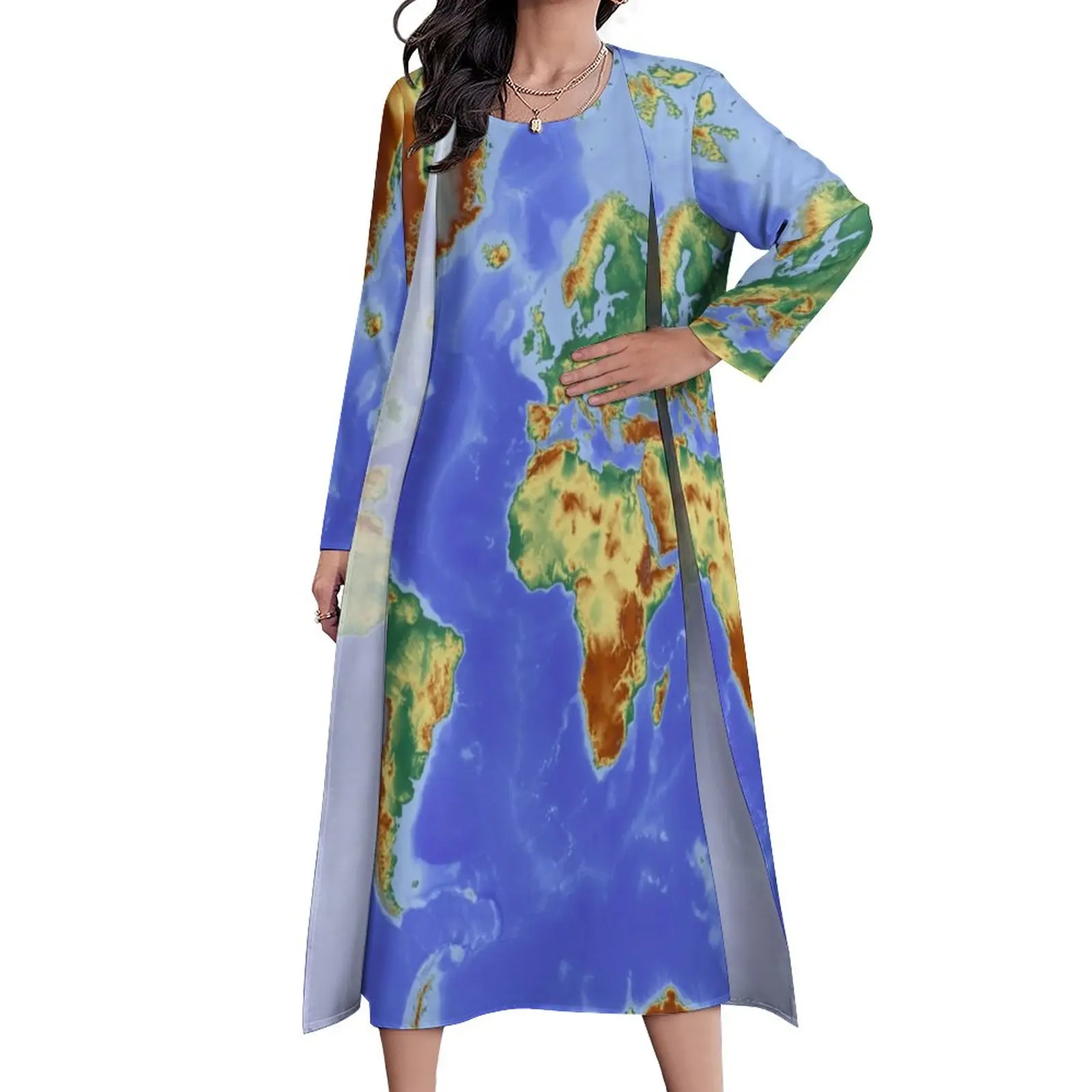 

Earth Map Print Dress World Maps Elegant Maxi Dress Streetwear Bohemia Long Dresses Autumn Long Sleeve Custom Vestido 4XL 5XL