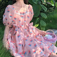 summer new kawaii sweet dresses elegant square collar cute puff sleeve sweety girl strawberry bow loose fairy pink white dress