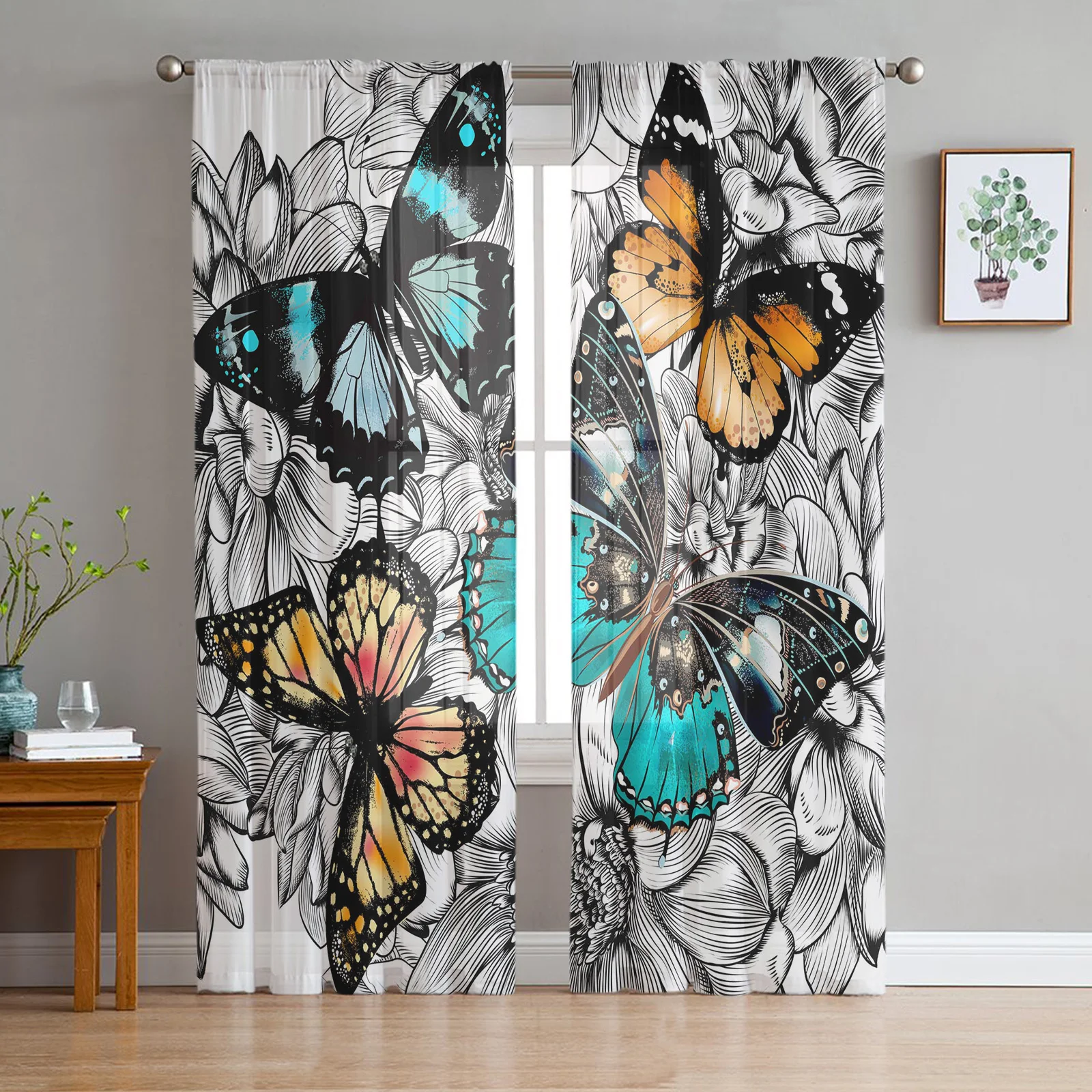 

Flower Color Butterfly Sheer Curtains for Living Room Bedroom Kitchen Tulle for Windows Voile Drapes Home Decoration