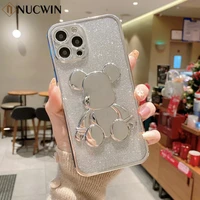 cute 3d bear glitter phone case for iphone 11 12 13 pro max 7 8 plus x xs xr se 2020 plating shockproof soft silicone back cover