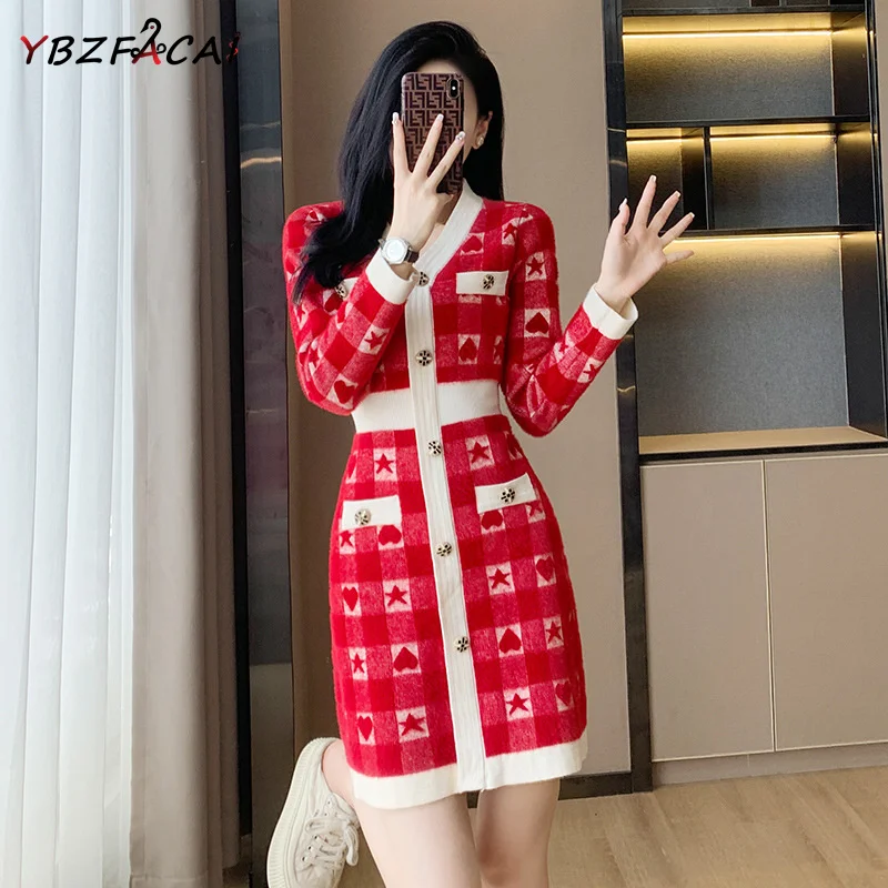 

Autumn Winter Dress Women Elegant Long Sleeved A-line Knit Dress French Retro Red Plaid Dress High Quality Mohair Sweater Dress