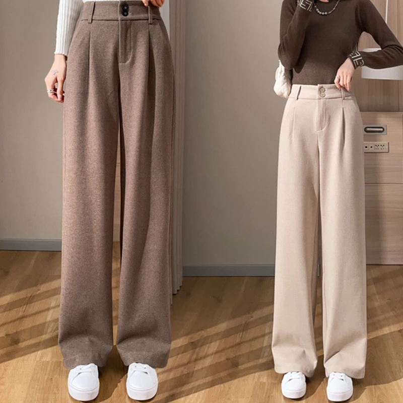 

Straight Wide-leg Pants Women Fall Winter New Elastic High Waist Trousers Female Vintage Thick Slim Fit Straight Pant