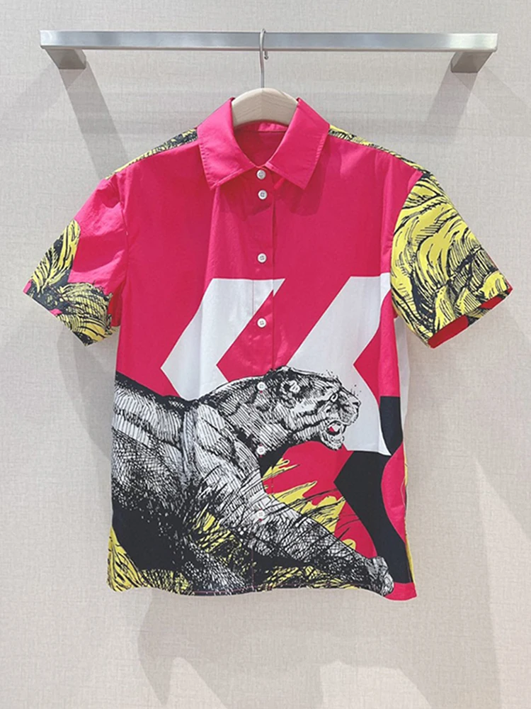 

Runway Fashion 2022 Summer Suit Women Red Short Sleeve Arrow Tiger Print Top+High Waist Long Skirt Office Lace