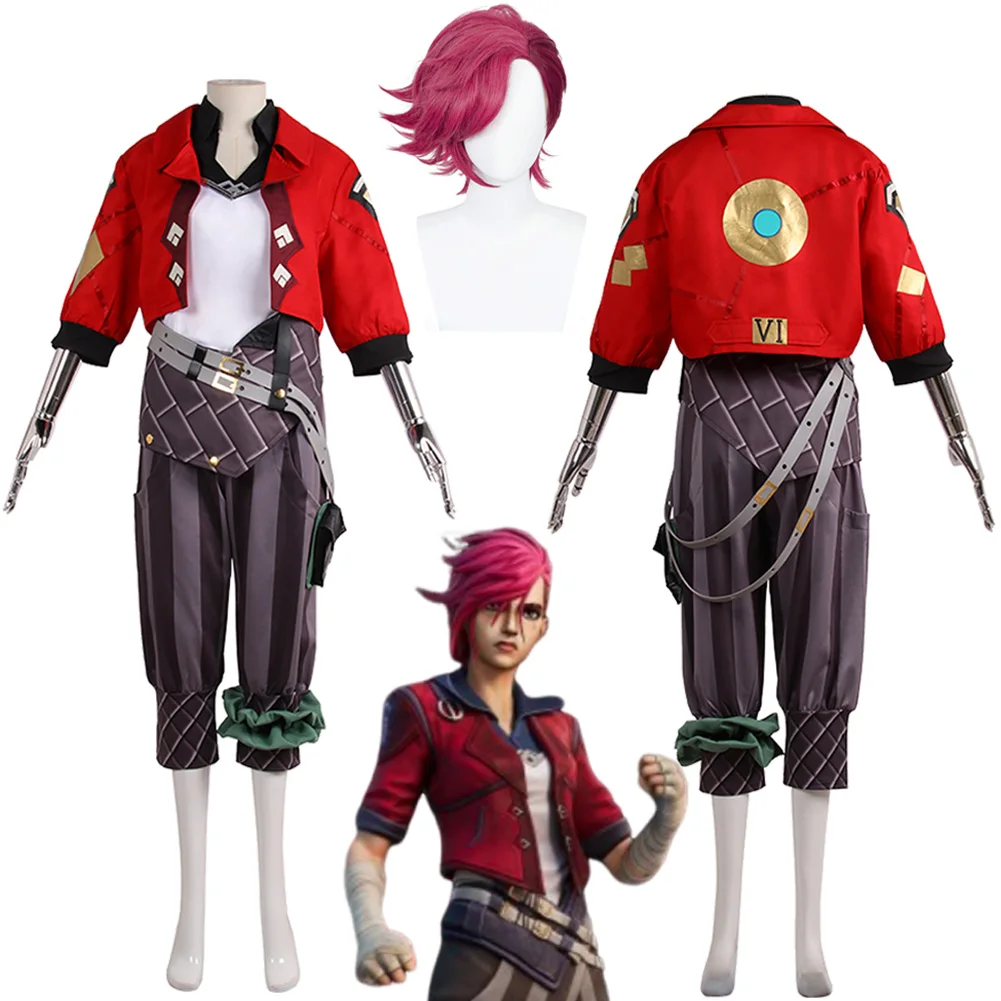 Игра LOL Arcane Vi Косплей Костюм Парик Боевая Одежда Розово-красные Короткие Волосы