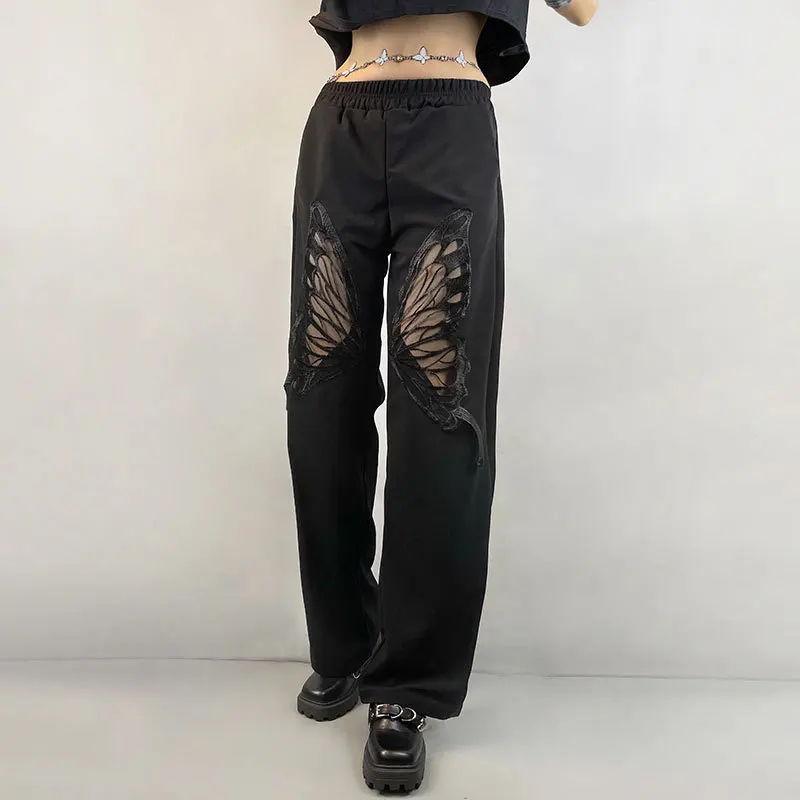 

WeiYao Goblincore Grunge Fashion Pants Hollow Out Butterfly Solid Elastic Waist Trousers Streetwear Y2K Urbano Style Pants