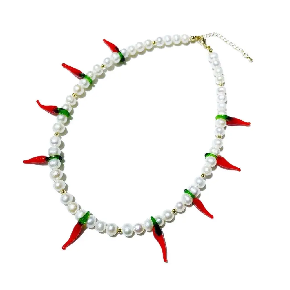 

KKBEAD Red Chili Pendnat Necklace for Women Natural Freshwater Pearl Choker Necklaces Jewelry Accessories Gift for Friends