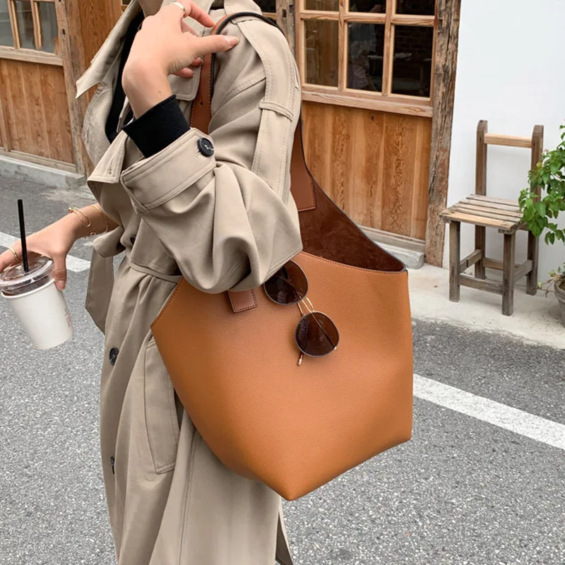 

Vintage Pu Women's Bucket Bag Basics Fashion Large Capacity Open Shoulder Bag Solid Color Necessary Female Handbag