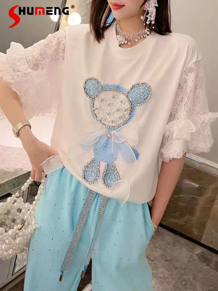 

Women's 2022 Summer New Fashion Sweet Short-Sleeved T-shirt Ladies Korean Style Fairy Rhinestone Bear 3D Bow Pullover Top Tees