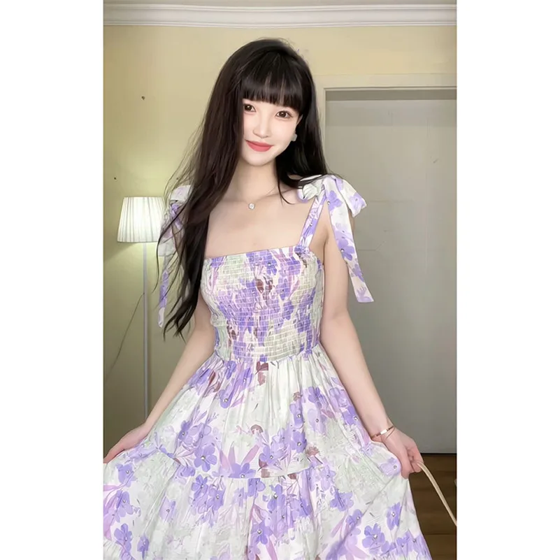 

Summer Square Collar Cotton Female Sweet Ruffles Lace up Purple French Floral Print Elegant Suspender Long Dress Beach Vestidos