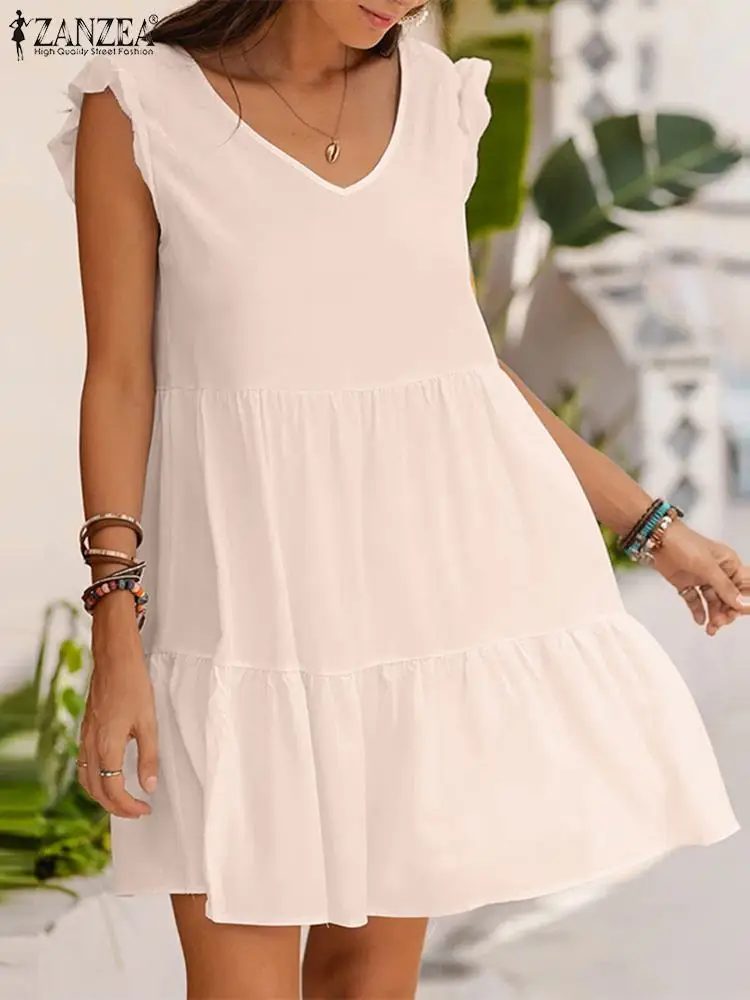 

Модное однотонное платье ZANZEA, женские платья без рукавов с V-образным вырезом и оборками, летнее праздничное платье, Женский Повседневный Халат средней длины, 2023
