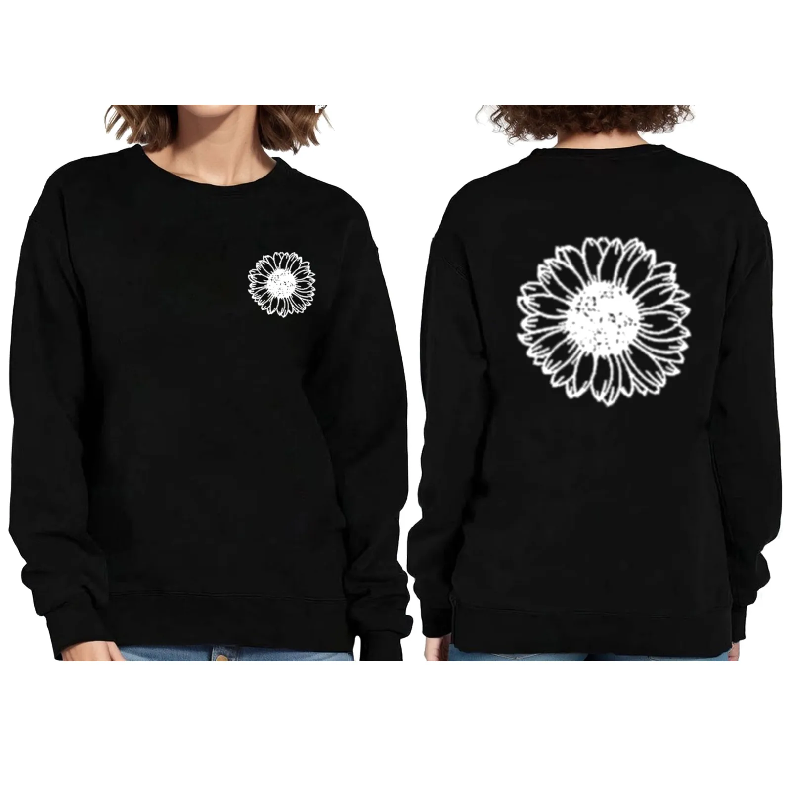 

Crewneck Sweatshirt Womens Pullover Black Fashion Simple Long Sleeves Oversize Vintage Clothing All-Math Daisy Floral Hoodies