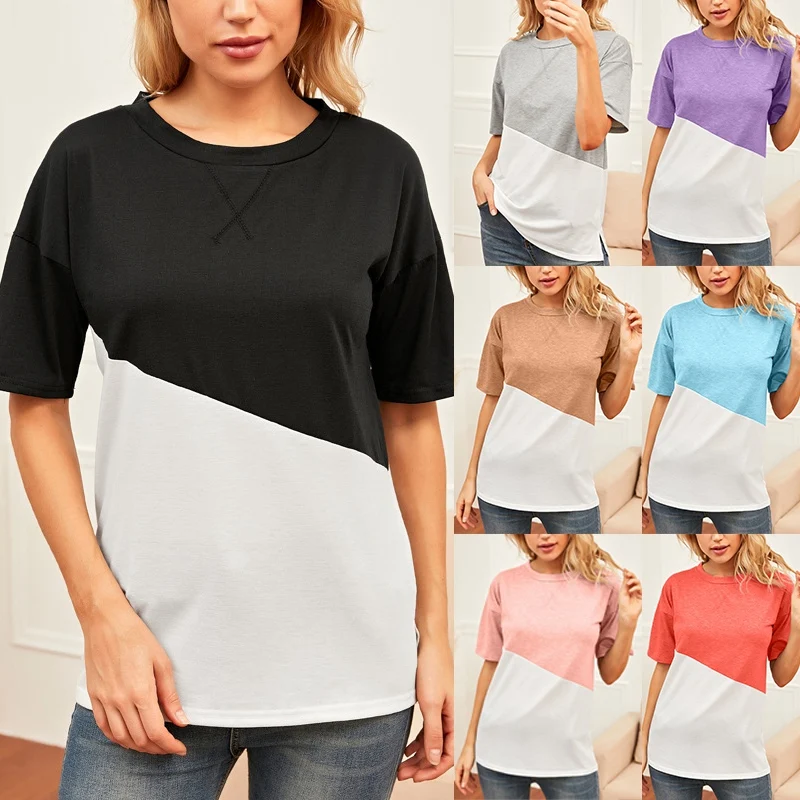 

Футболка женская составного кроя с коротким рукавом и круглым вырезом