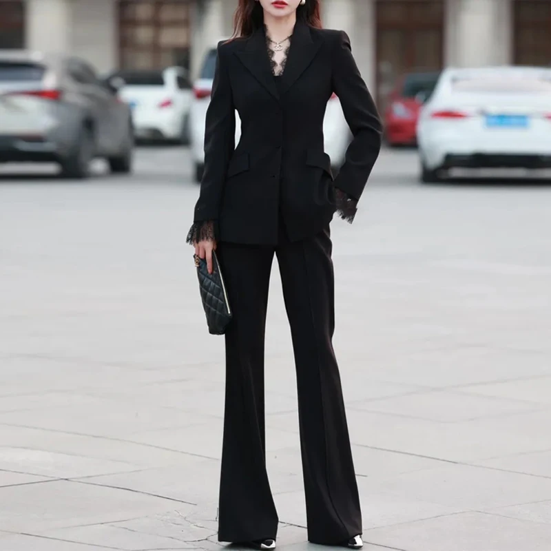 

Модные женские комплекты, повседневные офисные дамские облегающие кружевные блейзеры с комбинированными краями и расклешенные брюки, комплекты из двух предметов для отдыха на осень