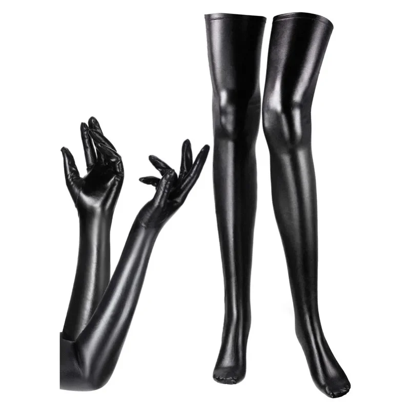 Длинные металлические атласные кожаные эластичные перчатки на палец аниме чулки