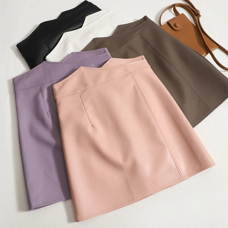 

Hikigawa Chic Fashion Women Retro High Waist Slim Fit PU Faux Leather Mini Skirts Early Autumn Versatile A-Line Skirt mujer