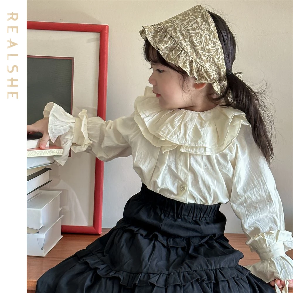 

Модная детская блузка для девочек на весну и осень 2023, Детская рубашка с длинным рукавом для девочек, однотонные топы с оборками для девочек