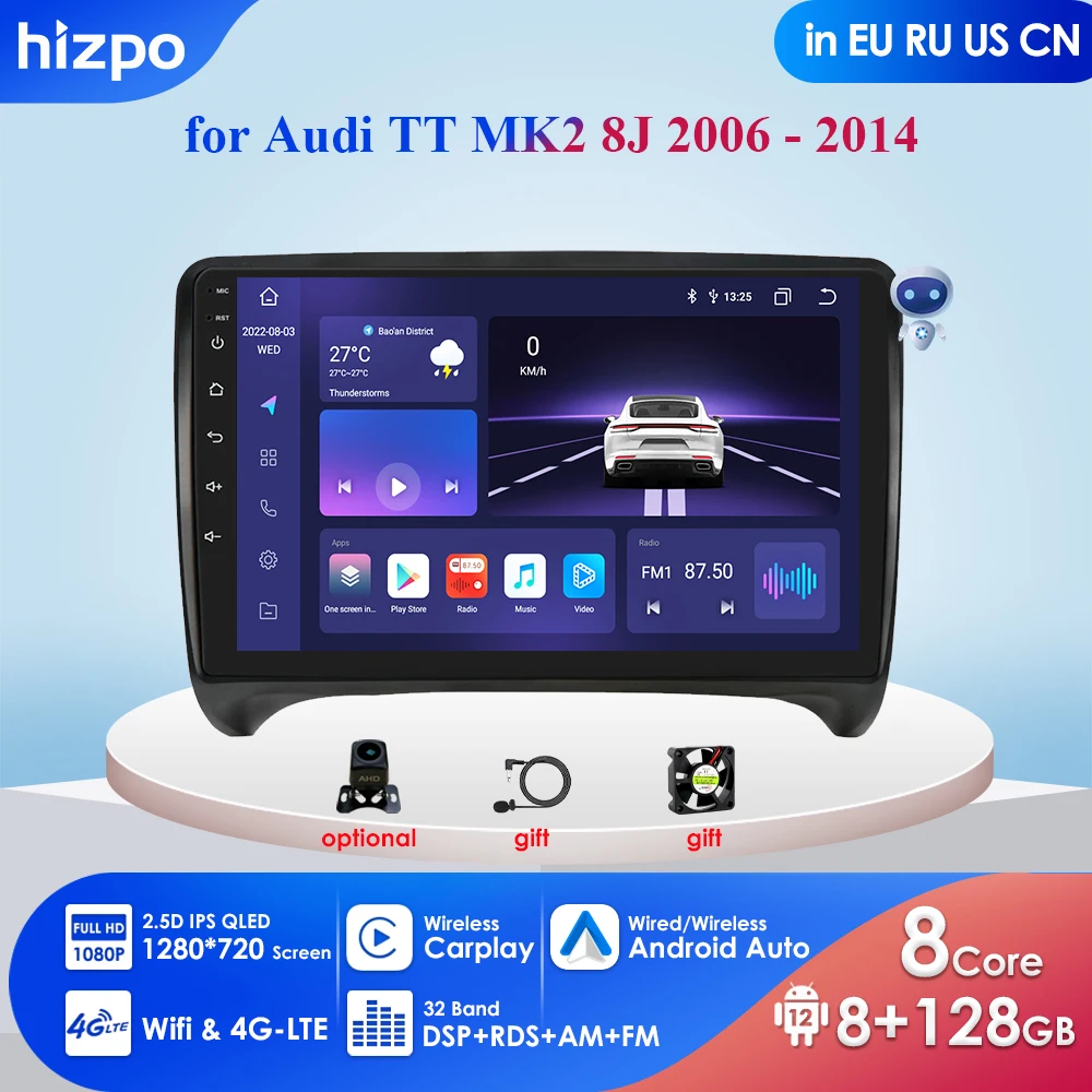 Автомагнитола Carplay 4G-LTE, 9 дюймов, 2din, Android 12, мультимедийный видеоплеер, навигатор GPS для Audi TT MK2 8J 2006-2014, автомагнитола