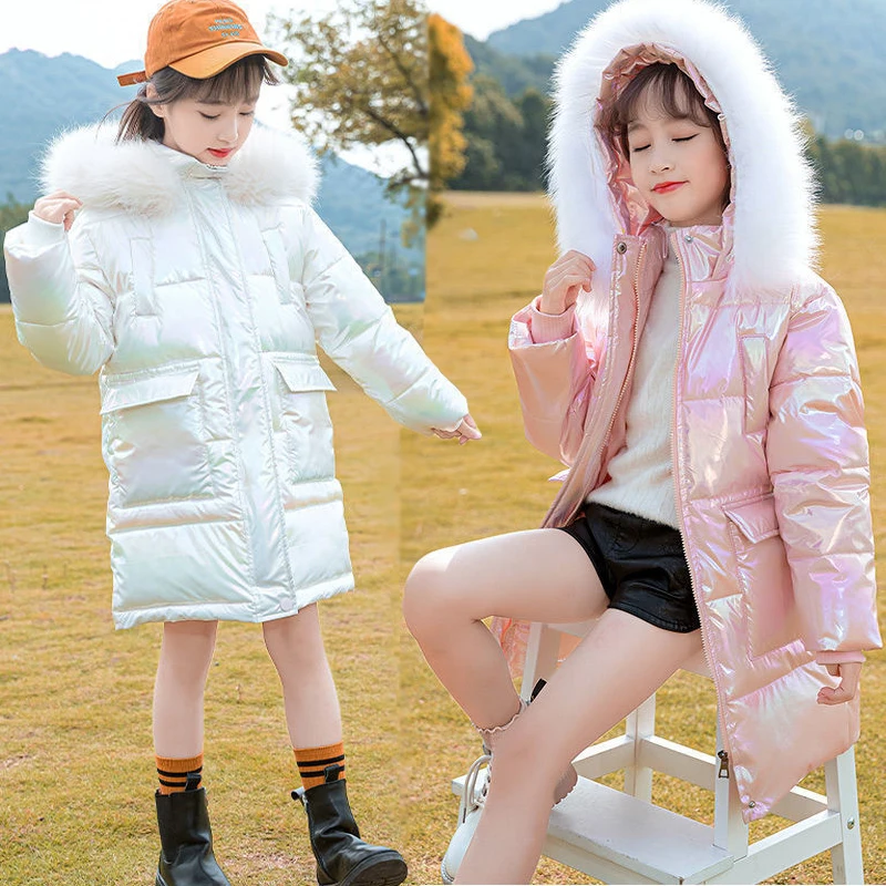 

2022 New Style Winter Girls Jacket Fashion Colorful Glossy Anti-Stain Fur Collar Keep Warm Thick Hooded Outerwear For Girl