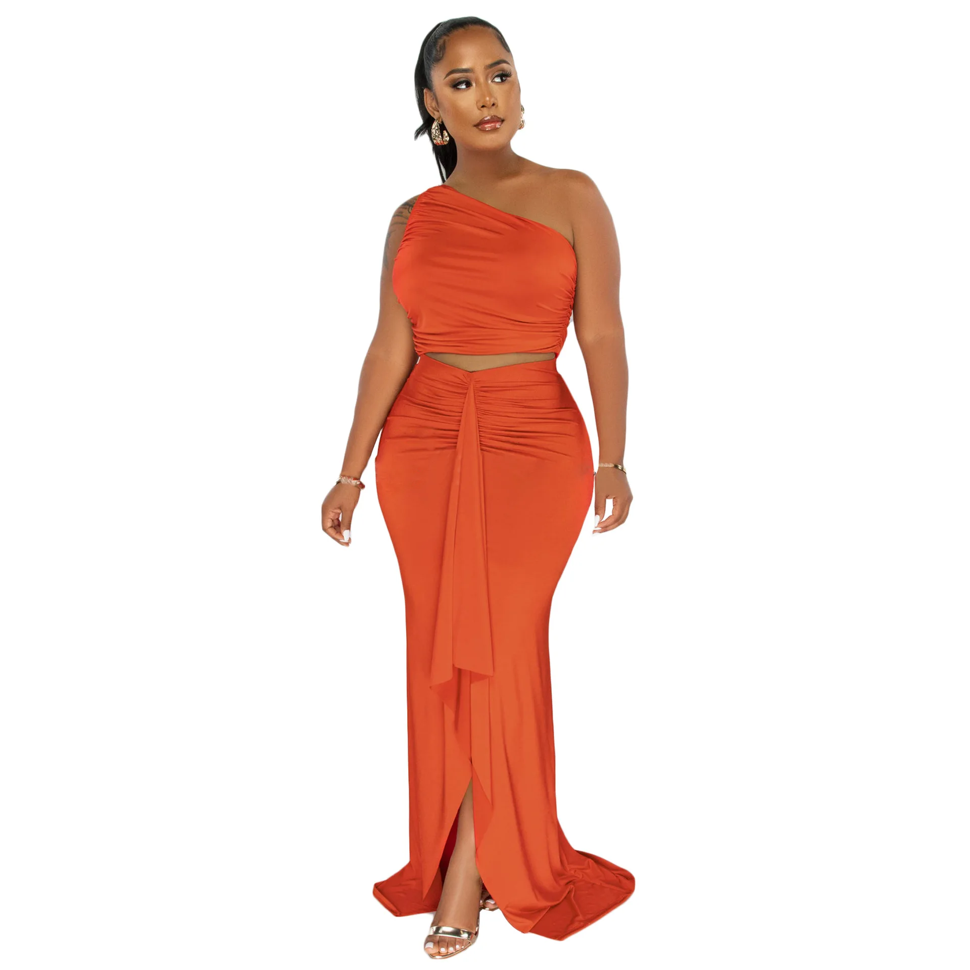 

Элегантный сексуальный женский комплект, укороченный топ на одно плечо, юбка-годе, женский костюм из 2 предметов, наряды для вечеринки для де...