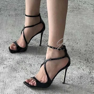 Full Rhinestone Cross Strappy Sandals Thin High Heel Square Toe Cut Out Fashion Wome Ankle Strap Sandals High Heel Shoes
