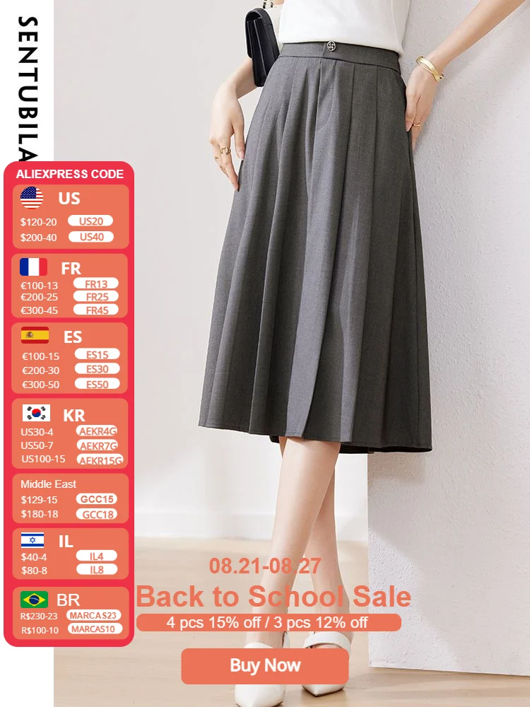 

Sentubila Elegant Grey Pleated Midi Skirts for Women 2023 Solid Mid Rise Elastic Waist Office Ladies Summer Umbrella Skirts