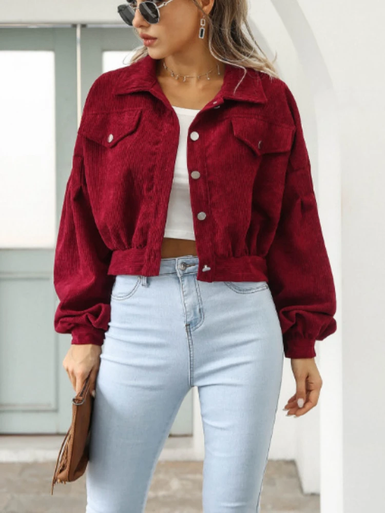 

Solid Jackets for Women Lantern Sleeve Cropped Bomber Jacket Overcoat Outwear Fashion Spring Vintage Corduroy Autumn Winter Coat