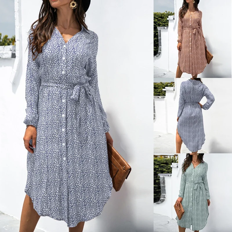 

Hot Kf-Elegant Fashion Split Leopard Print Shirt Dress Autumn Long Sleeve V Neck Single Breasted Midi Women Dresses