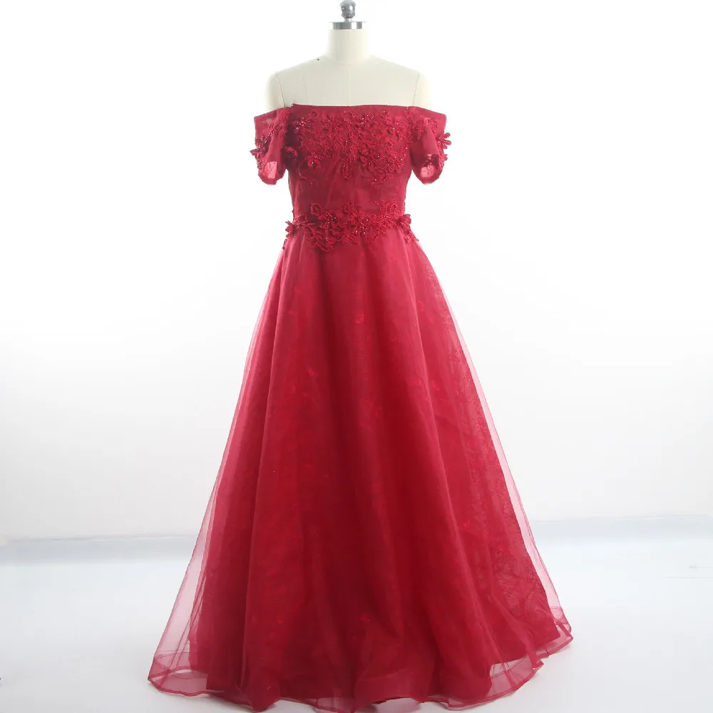 

Evening Dresses Burgundy Boat Neck Short Sleeves Appliques Beading Lace A-line Floor Length Plus size Women Party Dress C1559