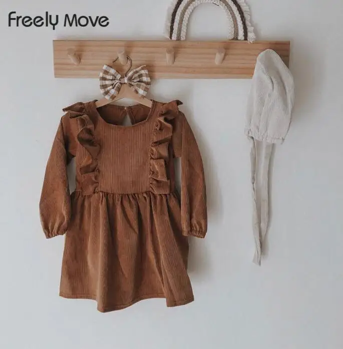 

Freely Move Corduroy Retro Girl Dress Autumn New Baby Kids Casual Ruffles Long Sleeve Solid Color Dresses Children Clothing
