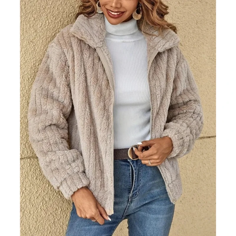 Женский Плюшевый Кардиган Короткое Пальто С Отложным Воротником Однотонный