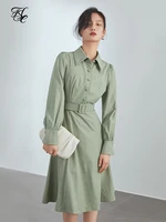 fsle vintage green plaid shirt dress women puff sleeve casual spring midi dress office ladies belt slim elegant dresses