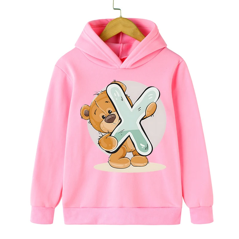 

Cartoon Bear Funny Hoodies Baby Boy Cute 26 Alphabet Sweatshirt Pink Fashion Hoody Long Sleeve Letter Print Kids Clothes Girls