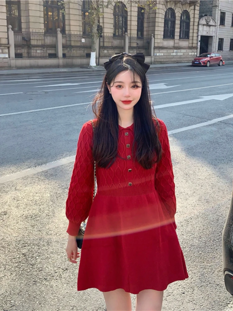 

Новогодние и рождественские платья Korobov для женщин зимние новые во французском винтажном стиле с длинным рукавом вязаная кукла воротник пл...