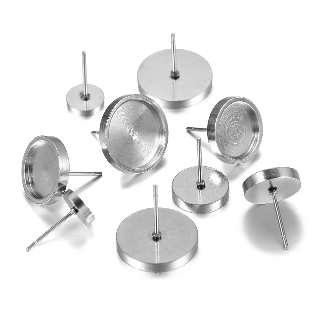 

20pcs/lot 6 8 10 12mm Stainless Steel Flat Stud Earring Setting Blank Earring Base Resin Cabochon Tray Diy Jewelry Making