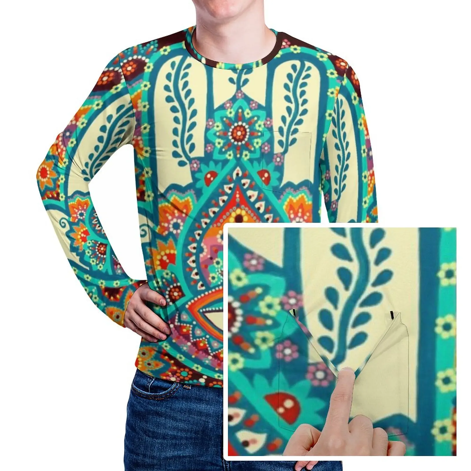 

Футболка Hamsa с цветочным принтом, модная рубашка с карманом и длинным рукавом, в стиле ретро, Весенняя дизайнерская футболка в стиле эмо, большие размеры