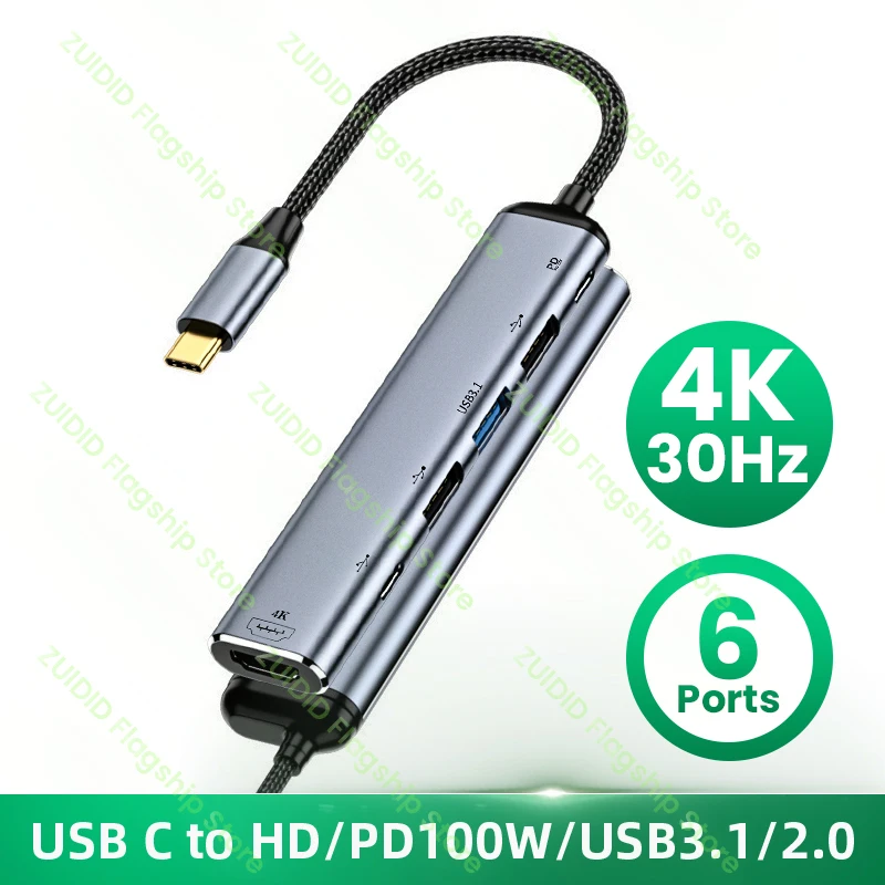 

6in1 USB C HUB Type C to HD 4K/USB3.1 10Gbps/PD 100W/3.5MM Docking Station Laptop Splitter Adapter For Macbook Air M1 iPad Pro