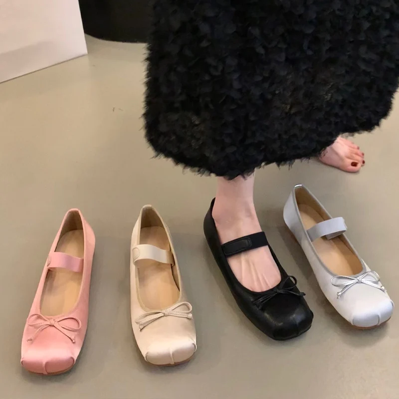 Luxury Satin Silk Ballet Shoes Woman Classic Square Toe Bowtie Elastic Band Ballerina Flats Ladies Soft Loafers images - 6