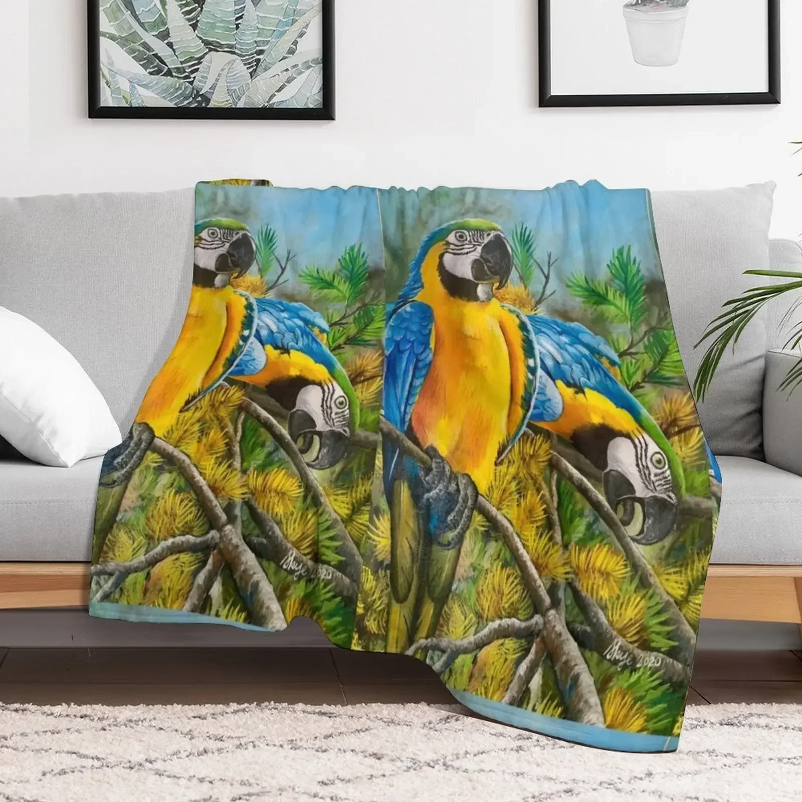 Синее и Золотое одеяло Macaws #1 дизайнерские одеяла для кровати