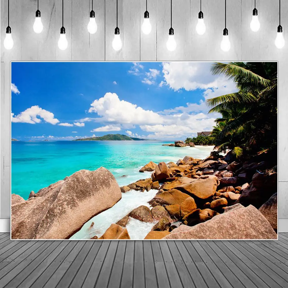 

Tropical Palms Rocks Beach Scenic Photography Backgrounds Sunny Clouds Blue Sky Summer Holiday Party Decoration Photo Backdrops