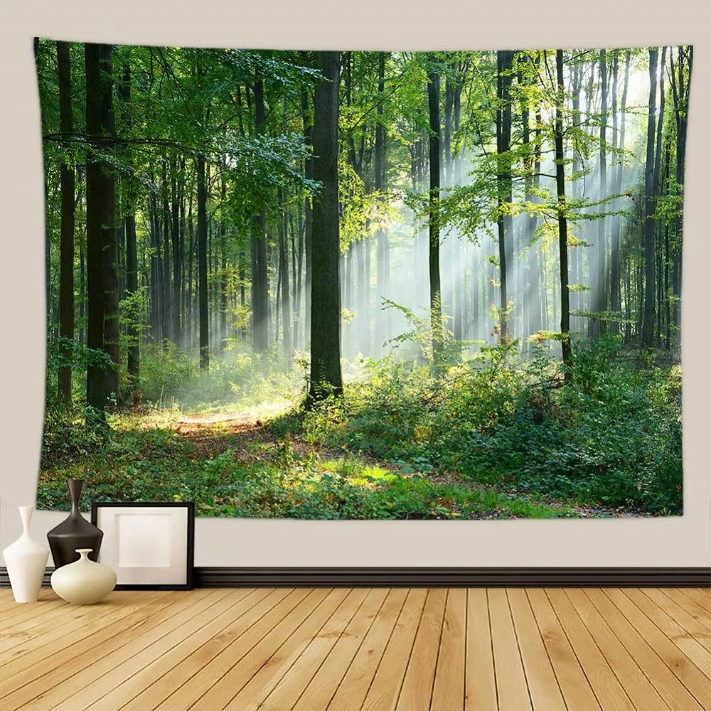 

Virgin Forest Tapestry Tropical Jungle Green Tree Misty Forest Natural Landscape Print Bedroom Living Room Dorm Wall Tapestries