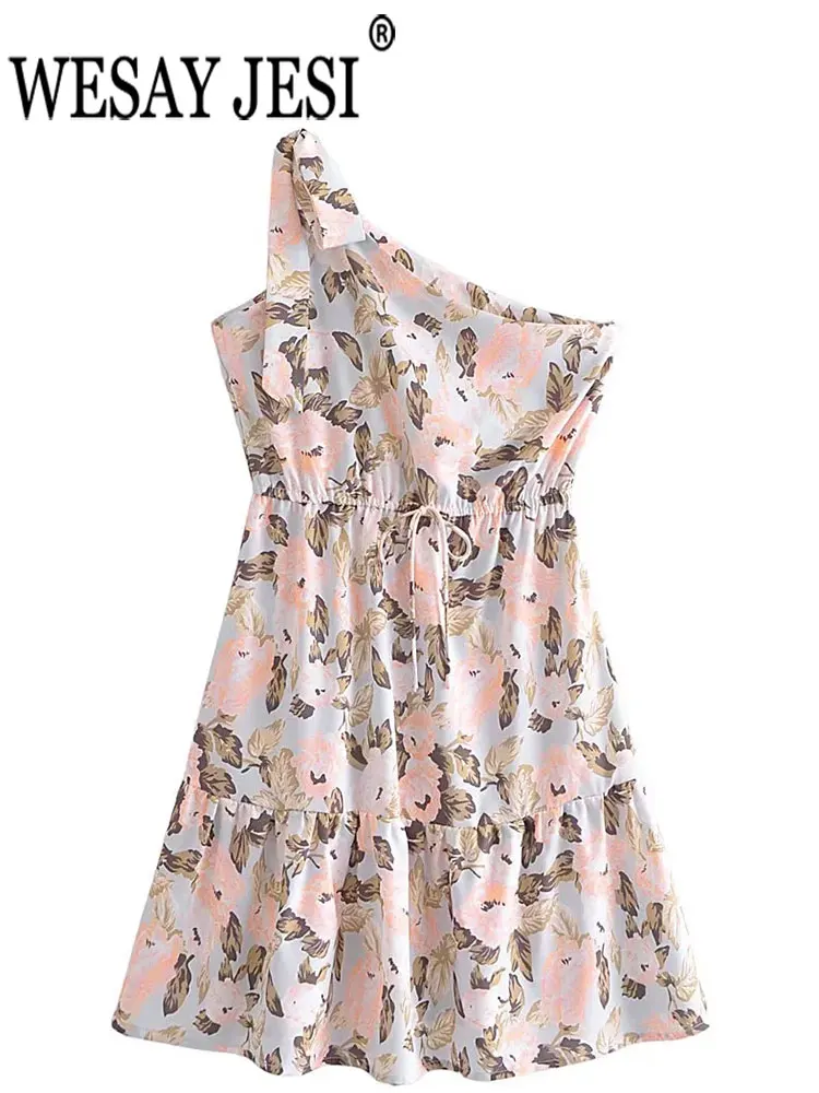 

WESAY JESI 2022 Summer Ladies Print One Shoulder Strap Mini Dress Drawstring Sleeveless Slim Sexy Fashion Party Daily Club Women
