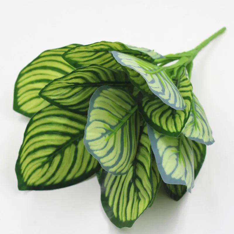 

1pc New Artificial Green Plant Potted Decorative Plant Wall Material Bundle Rubber Leaves 5 White Peacock Leaves