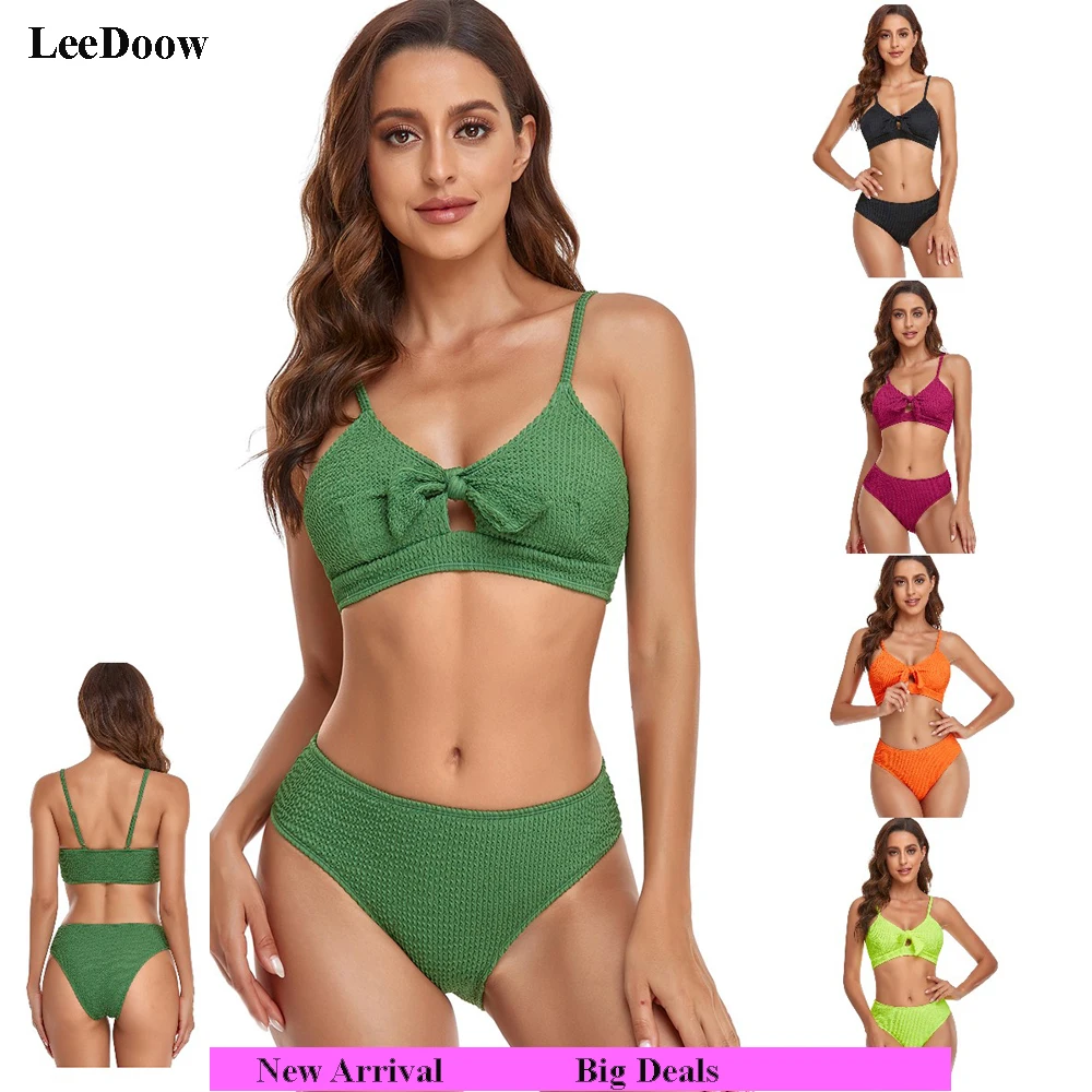 

Женский купальник из двух предметов, однотонный черный и зеленый купальник с бантом и эффектом пуш-ап, комплект бикини, пляжная одежда для к...