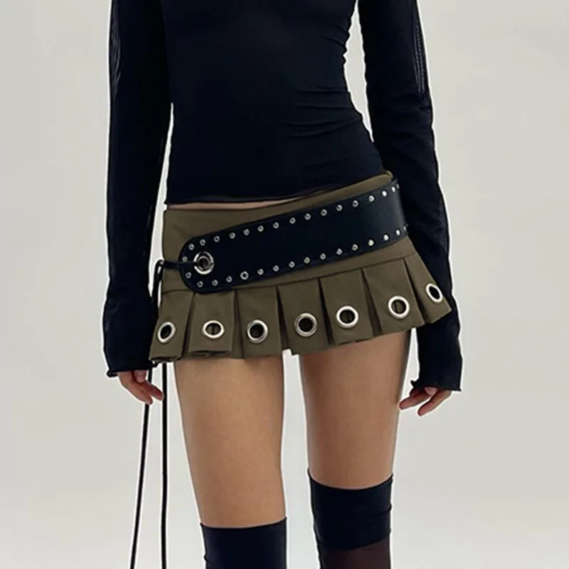

Goth Dark Punk Style Eyelet Sexy Micro Skirts Cyber Gothic Y2k Low Waist Mini Skirt Pleated Streetwear Bottoms With Lace Up Belt