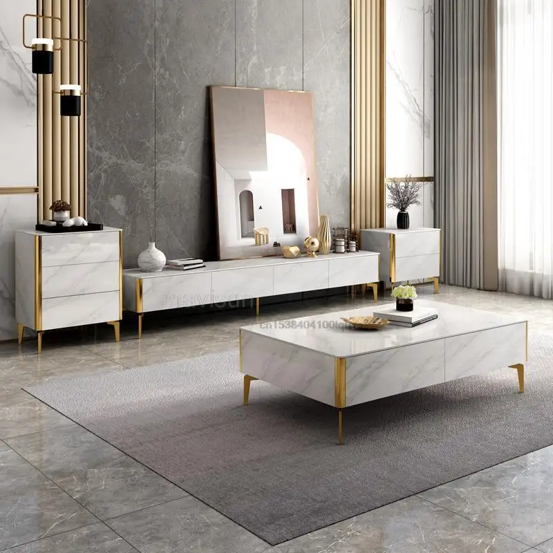 

Light Luxury Rock Board TV Cabinet And Coffee Table For Small Apartment Combination Of Living Room Wall Cabinet And Tea Table